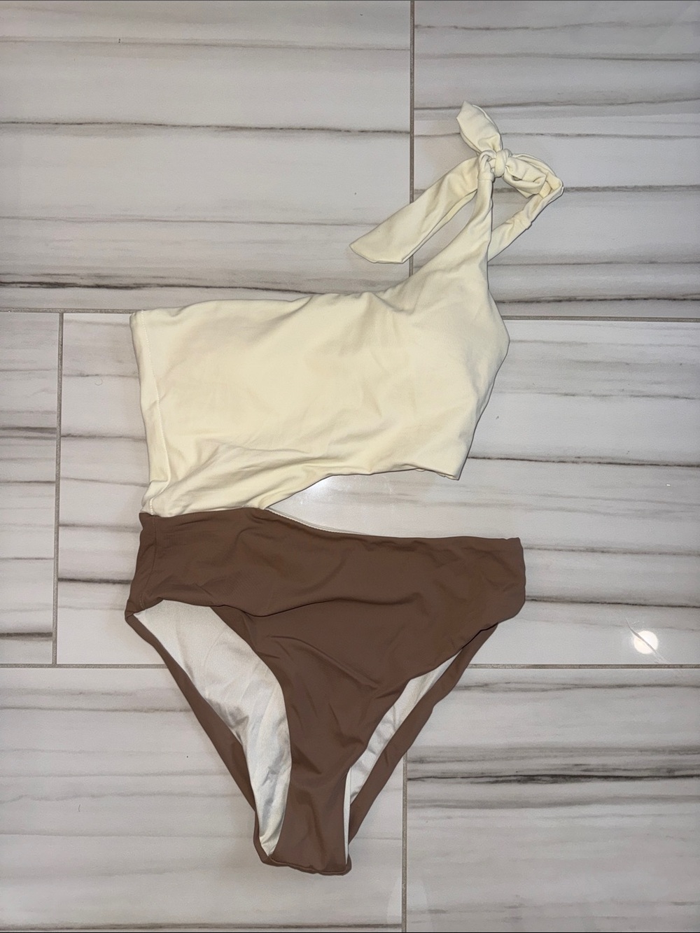 Altar'd State One-Shoulder Two-Tone One-Piece Swimsuit in Cream and Brown